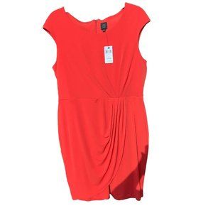 Saks Fifth Avenue Dress Womens Size 12 Red Ruched Pleated Cap Sleeves Sheath